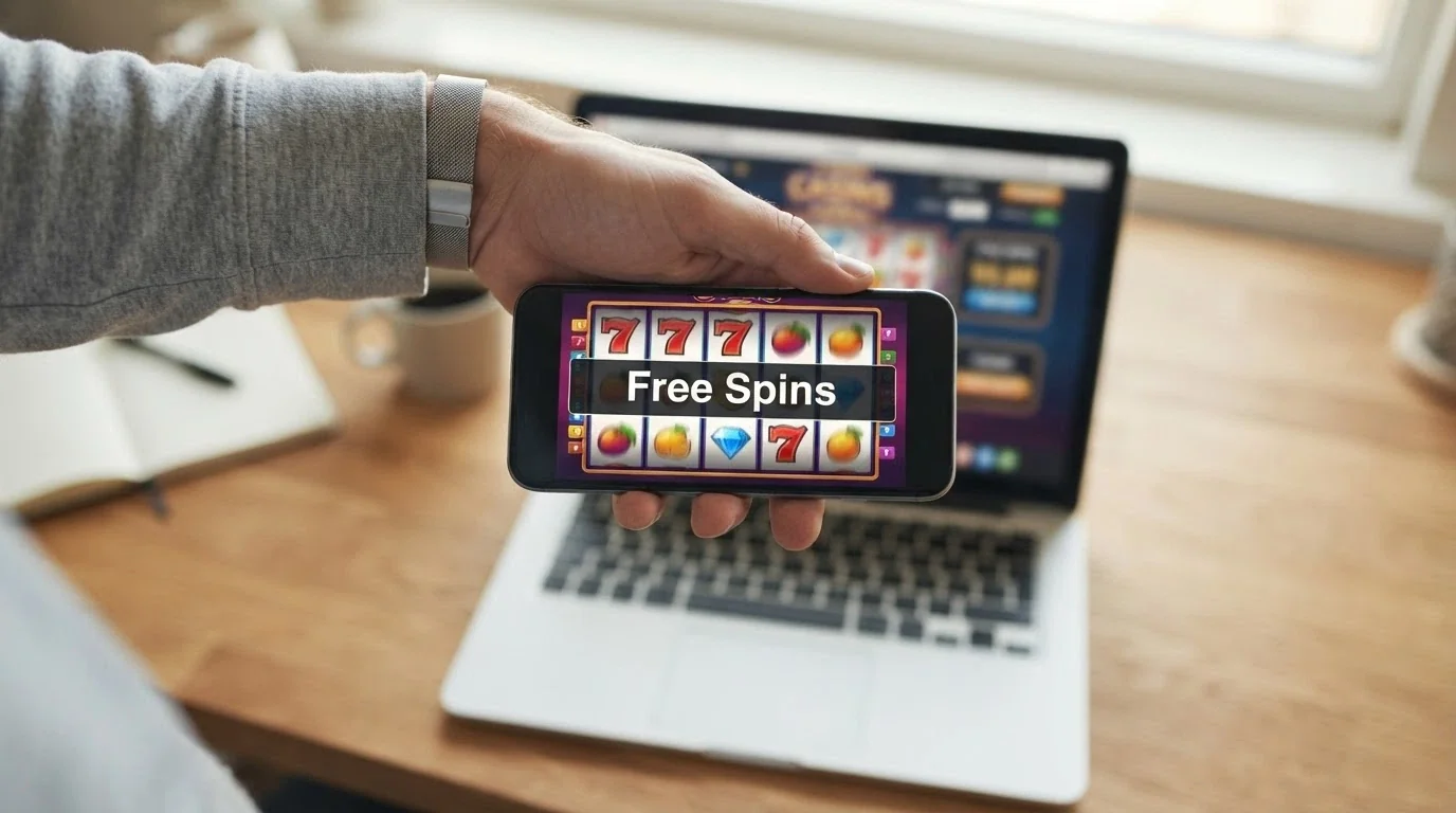 A hand holding a smartphone with a casino game loaded, the screen showing a free spins activation prompt, with a laptop visible out of focus in the background