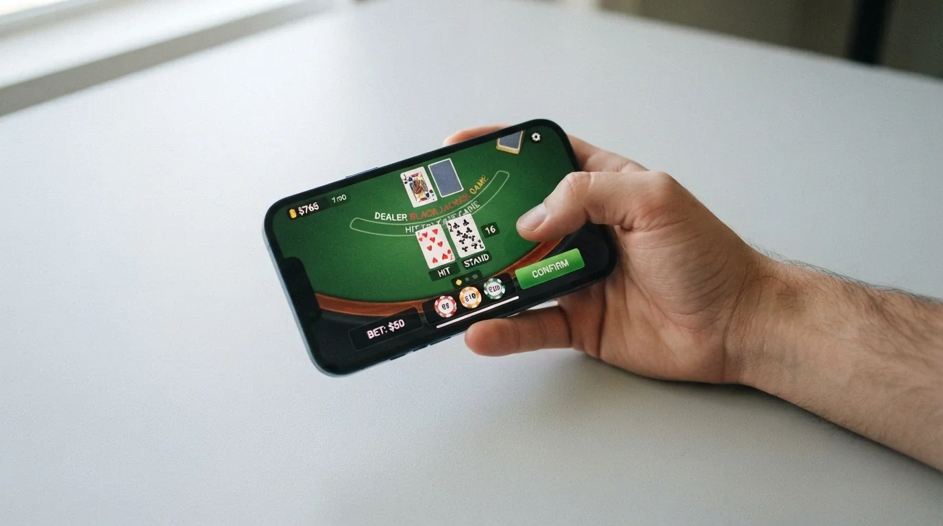 A smartphone held in landscape mode showing a live blackjack table with the bet-slip UI visible, set against a neutral background