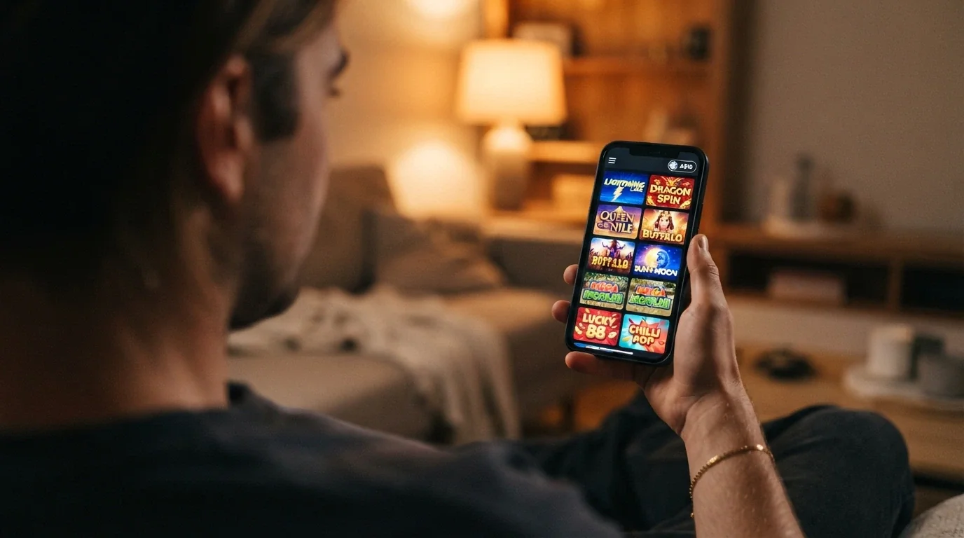 A hand holding a phone in landscape mode with a casino lobby open; the screen shows pokie thumbnails and a A$10 balance chip