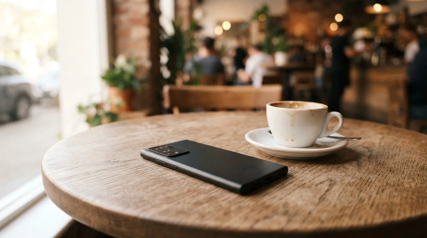 An Android phone face-down on a table beside a cup of coffee, the blank screen suggesting a decision not yet made