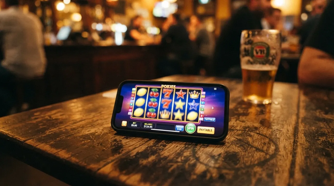 A smartphone on a pub table showing a pokies reel-spin moment, a half-empty beer glass in the background, distinctly Australian setting