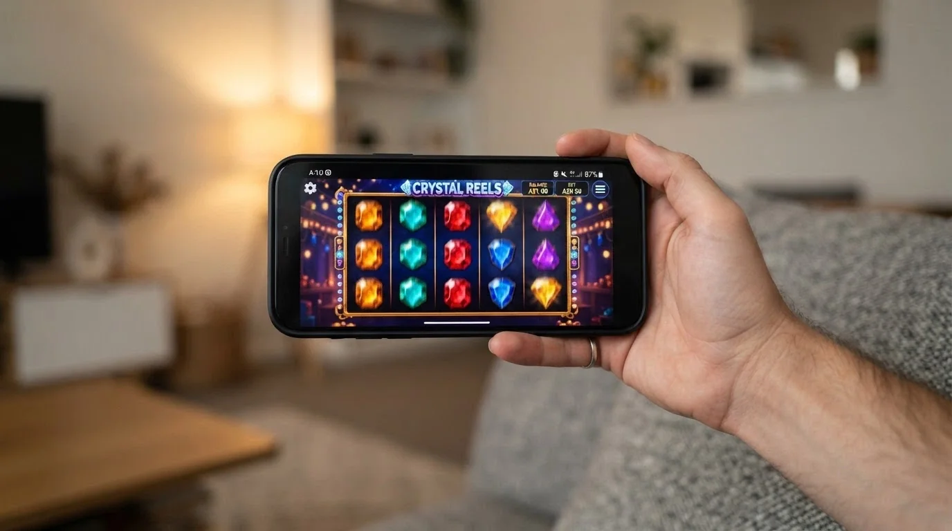 A hand holding a smartphone in landscape orientation with a pokie game running full-screen, mobile data and battery icons visible