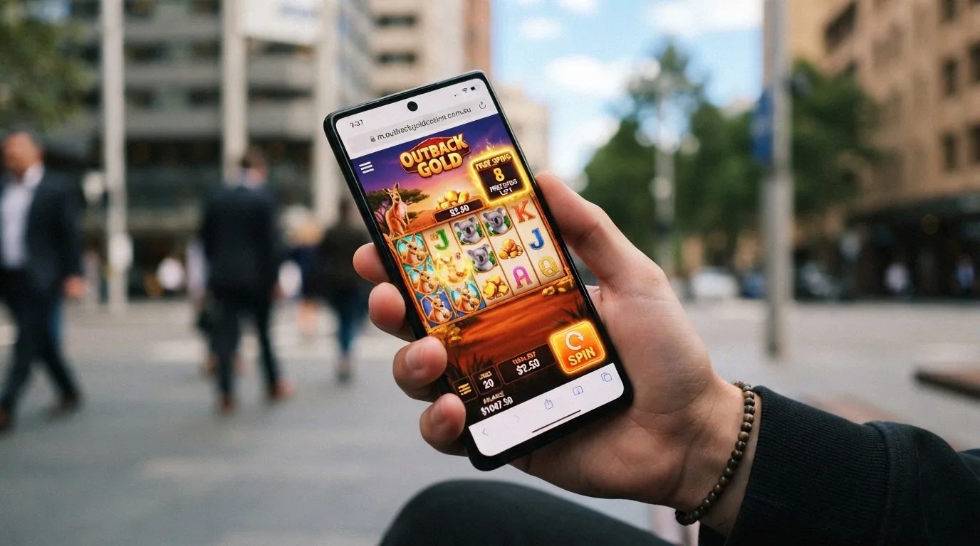 A smartphone held in one hand displaying an online pokies game with free spins active, the browser URL bar visible at the top
