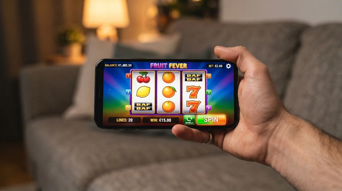 A smartphone held horizontally displaying a pokie game with the spin button and balance visible