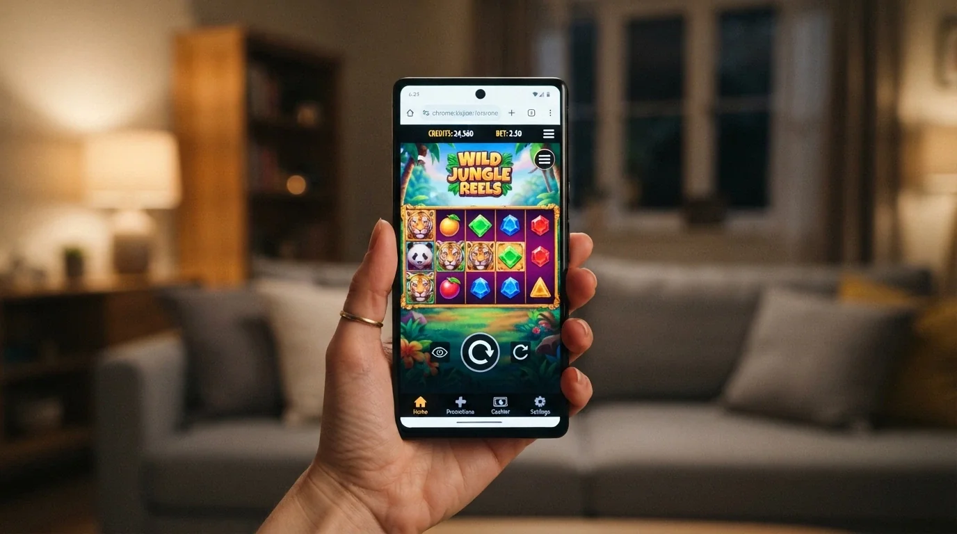 A hand holding a smartphone with a pokies game loading in a mobile browser