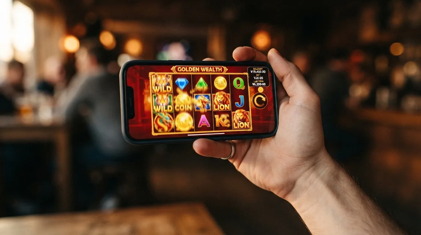 A phone held horizontally showing a pokies game grid with vibrant symbols, the game's info screen overlay visible in the corner
