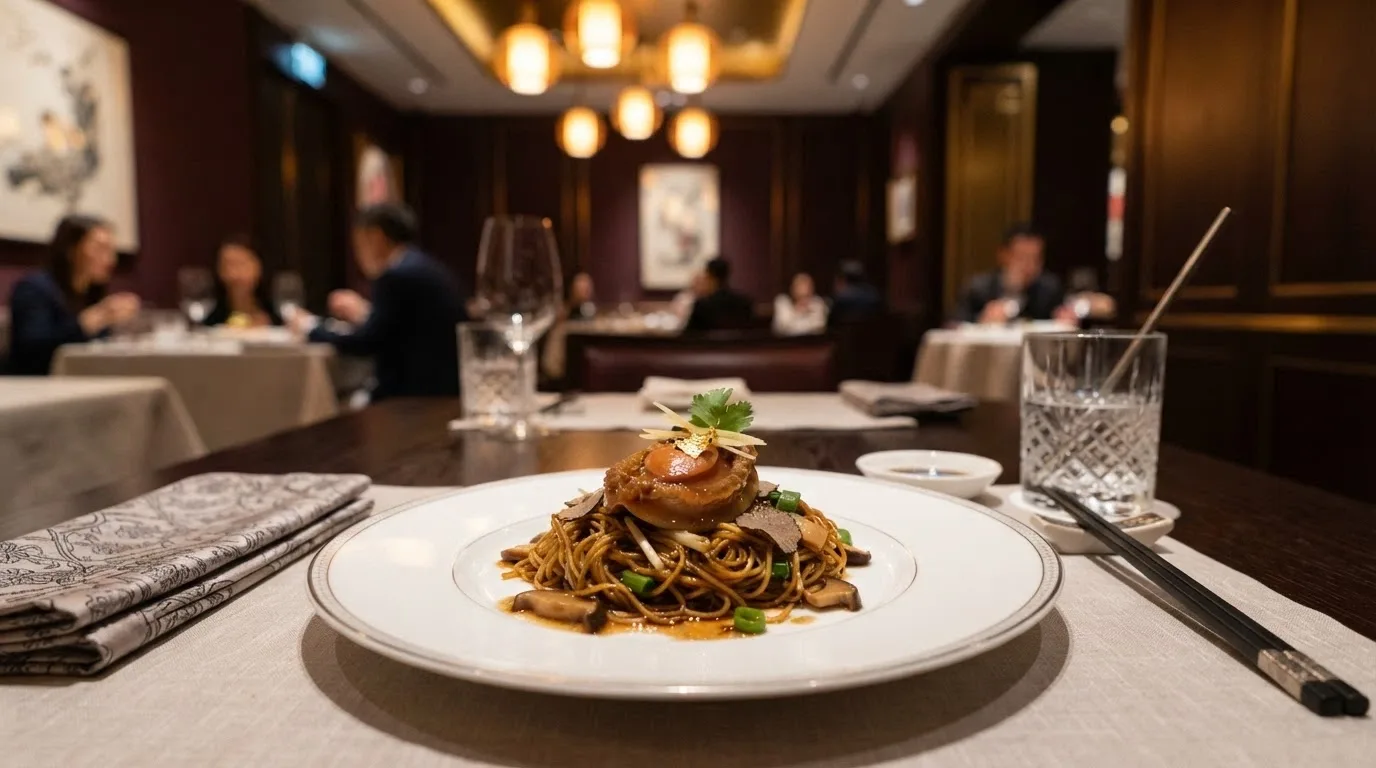 Interior of Natural Nine restaurant at Casino Canberra, showing a plated dish of elevated Chinese cuisine with Shanghainese influences and the warm dining-room lighting