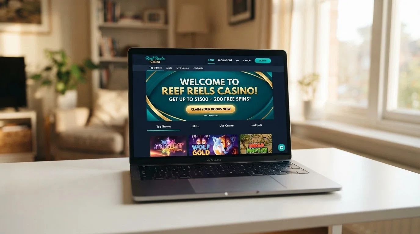 A fresh online casino homepage with a bold welcome bonus banner, sign-up button prominent, the design looking recently launched