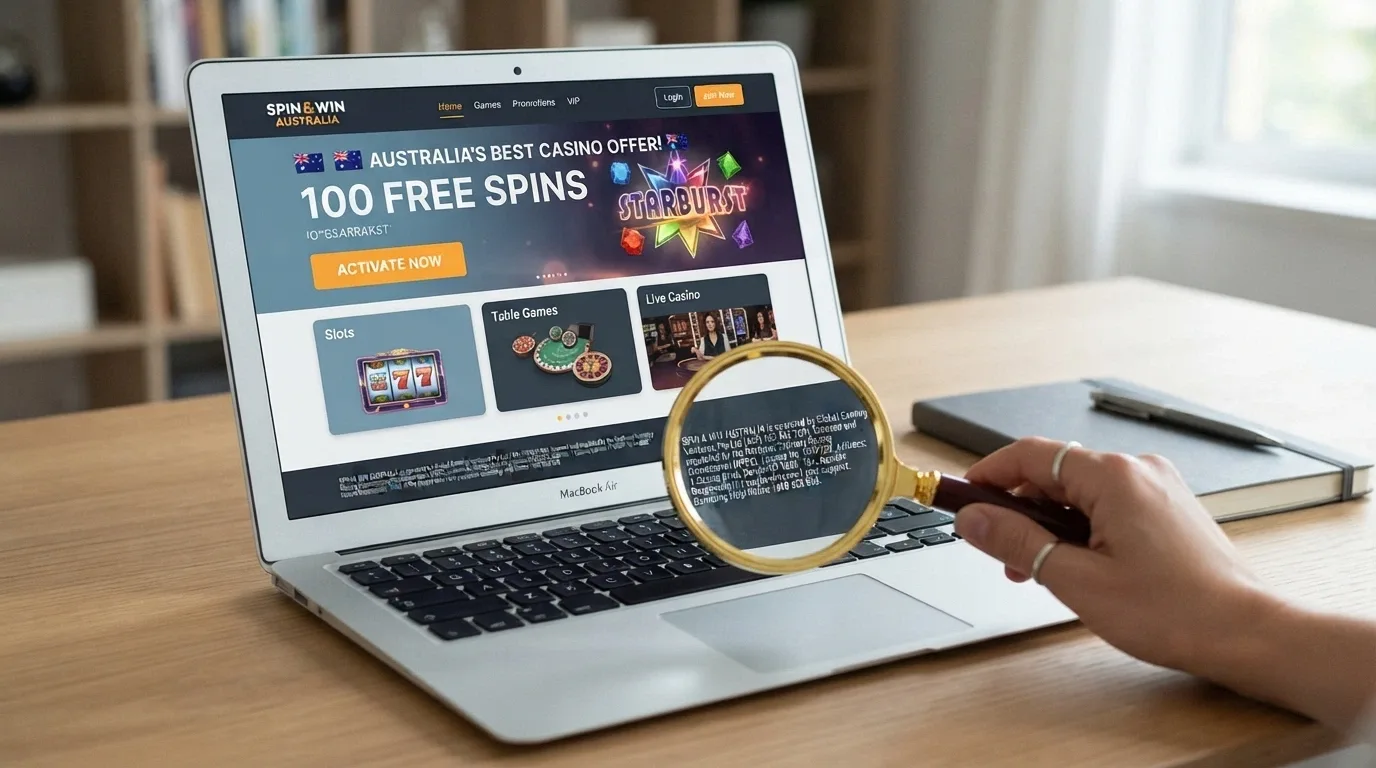 A clean modern casino homepage with an enticing sign-up bonus banner, but with a magnifying glass hovering over the licence information in the footer