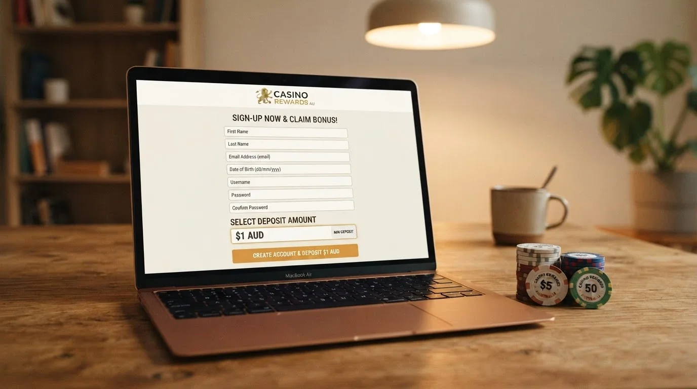 A sign-up page for a new online pokies site showing a low minimum deposit field