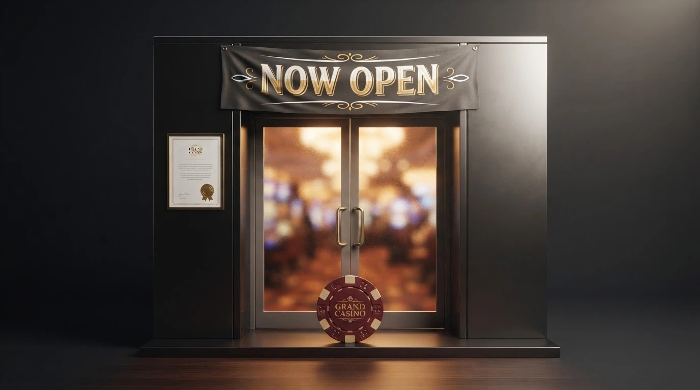 A stylised “now open” casino storefront with a fresh welcome-offer banner and a Curaçao licence certificate beside it