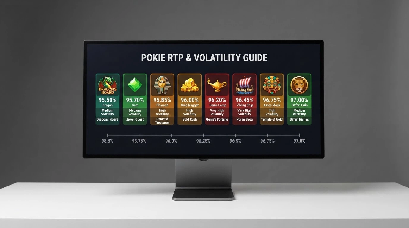 A visual chart of eight pokie-title cards arranged by RTP, with provider logos beneath each title and a colour band indicating volatility
