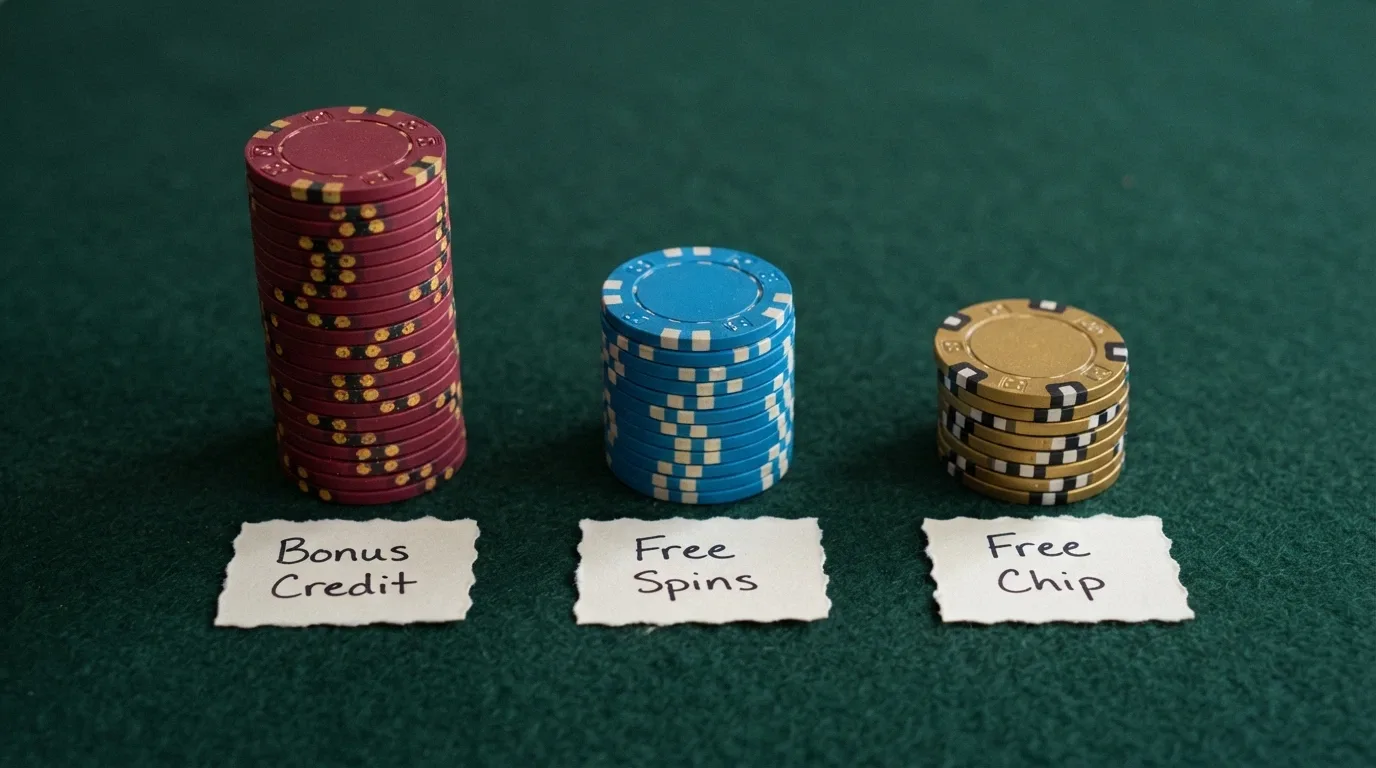 Three labelled stacks of poker chips in descending size — “Cash Credit,” “Free Spins” and “Free Chip” — with an overlay showing the dollar-value range each one typically delivers to Australian players