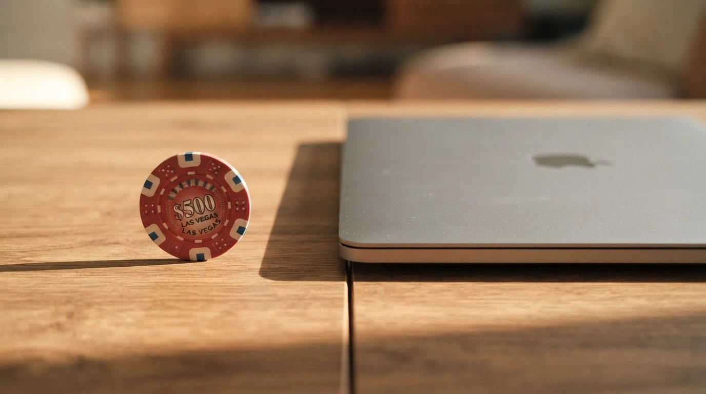 Two paths diverging on a table — a casino chip on one side, a closed laptop on the other