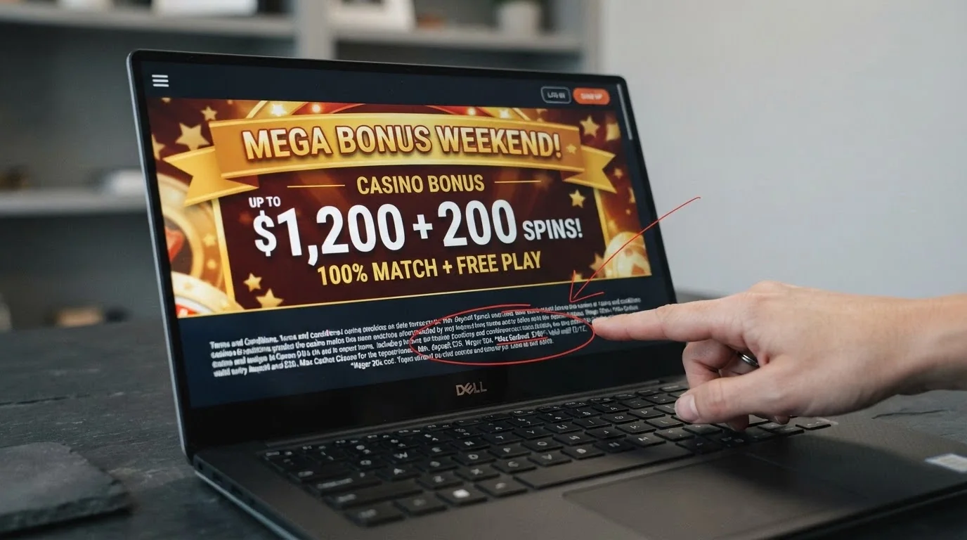 A close-up of a casino bonus pop-up with the large headline figure circled, and a smaller arrow pointing to the max-cashout line buried in the terms below