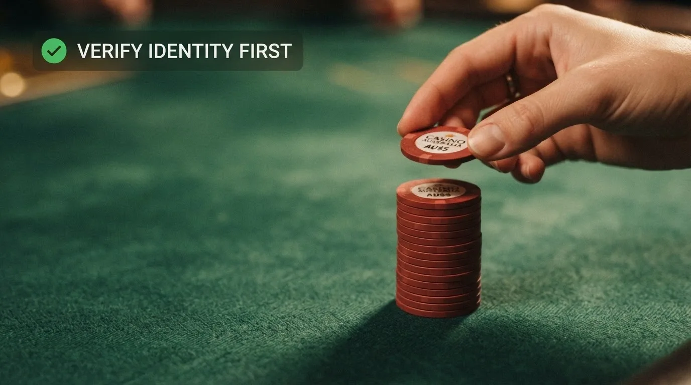 A hand removing a single small-denomination chip from a stack while keeping the rest untouched, with a check-mark beside “Verify Identity First” in the corner
