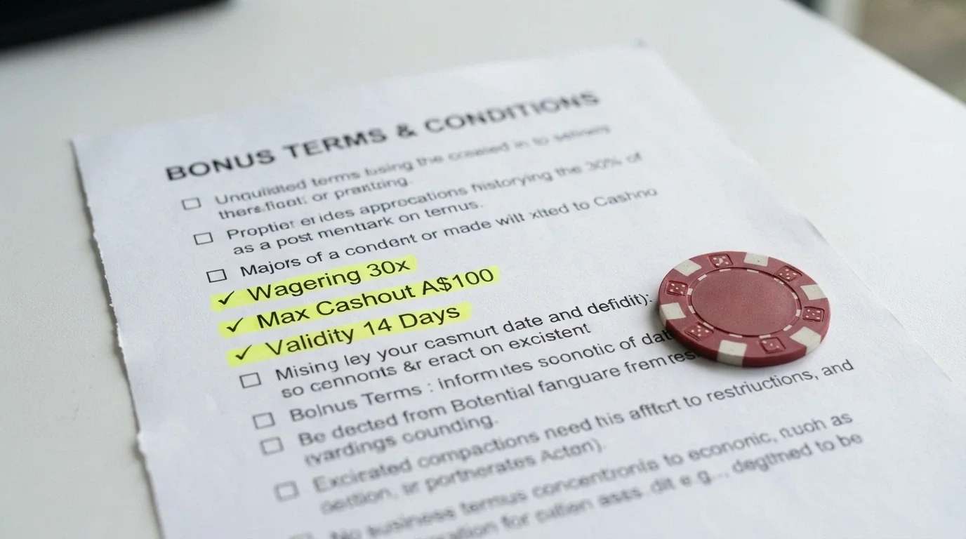 A printed checklist or terms-and-conditions page with wagering, max cashout and validity fields highlighted beside a $10 chip