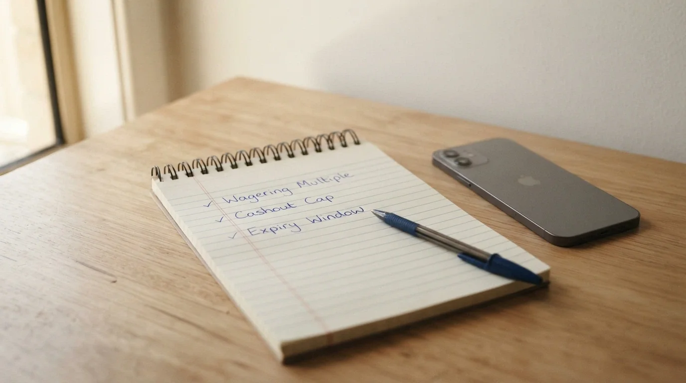 A notepad with a handwritten checklist of bonus evaluation criteria — wagering, cashout cap, expiry — next to a muted smartphone