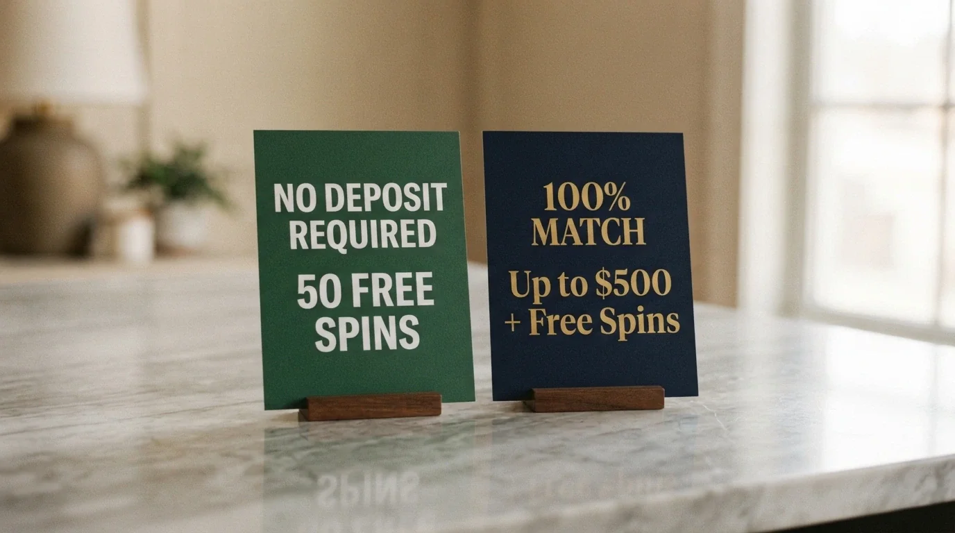 Two side-by-side promotional banners — one reading “No Deposit Required — 50 Free Spins” and the other “100% Match Up to $500 + Free Spins”