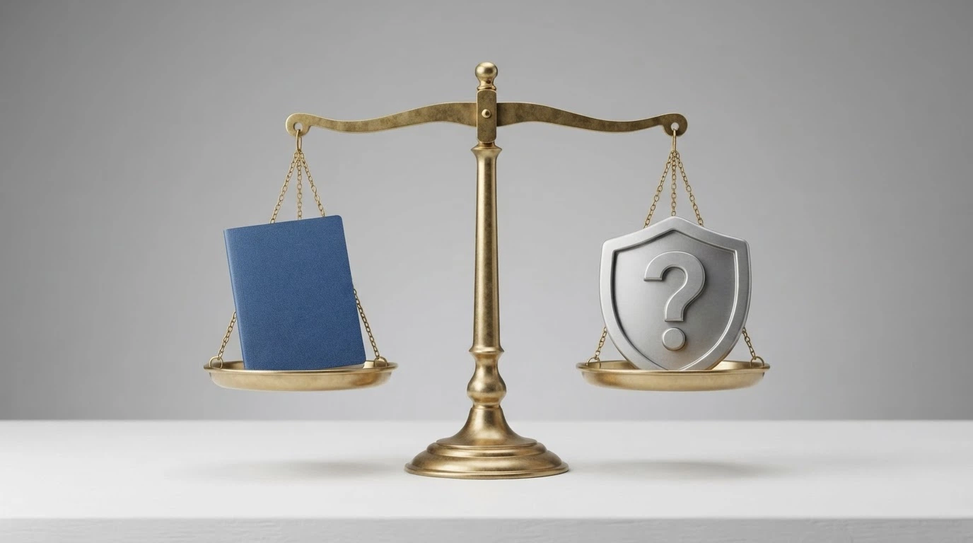A balanced scale with an identity document on one side and a question-mark shield on the other, tilted toward the question mark