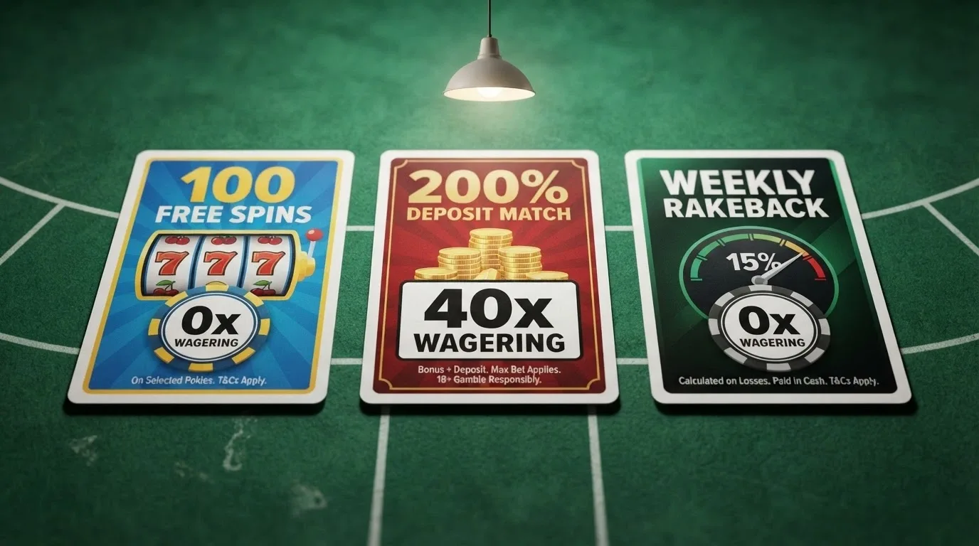 Three bonus-offer cards laid out side by side — a free-spins offer, a deposit-match offer, and a rakeback dashboard — each with its wagering terms called out beneath