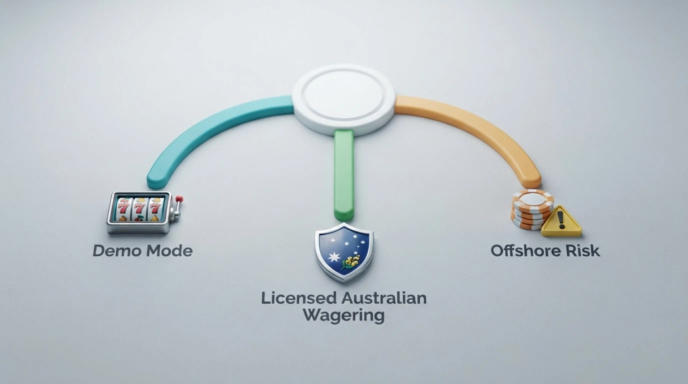 A simple decision-flow visual with three paths: a demo-mode game screen, a licensed Australian sports-betting app, and an offshore casino with a warning icon
