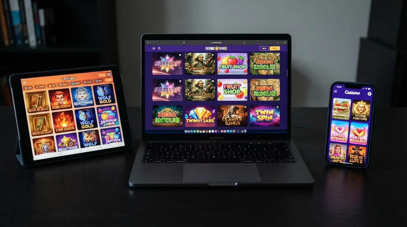Casino lobby screens showing 1spin4win game thumbnails across multiple offshore casino platforms