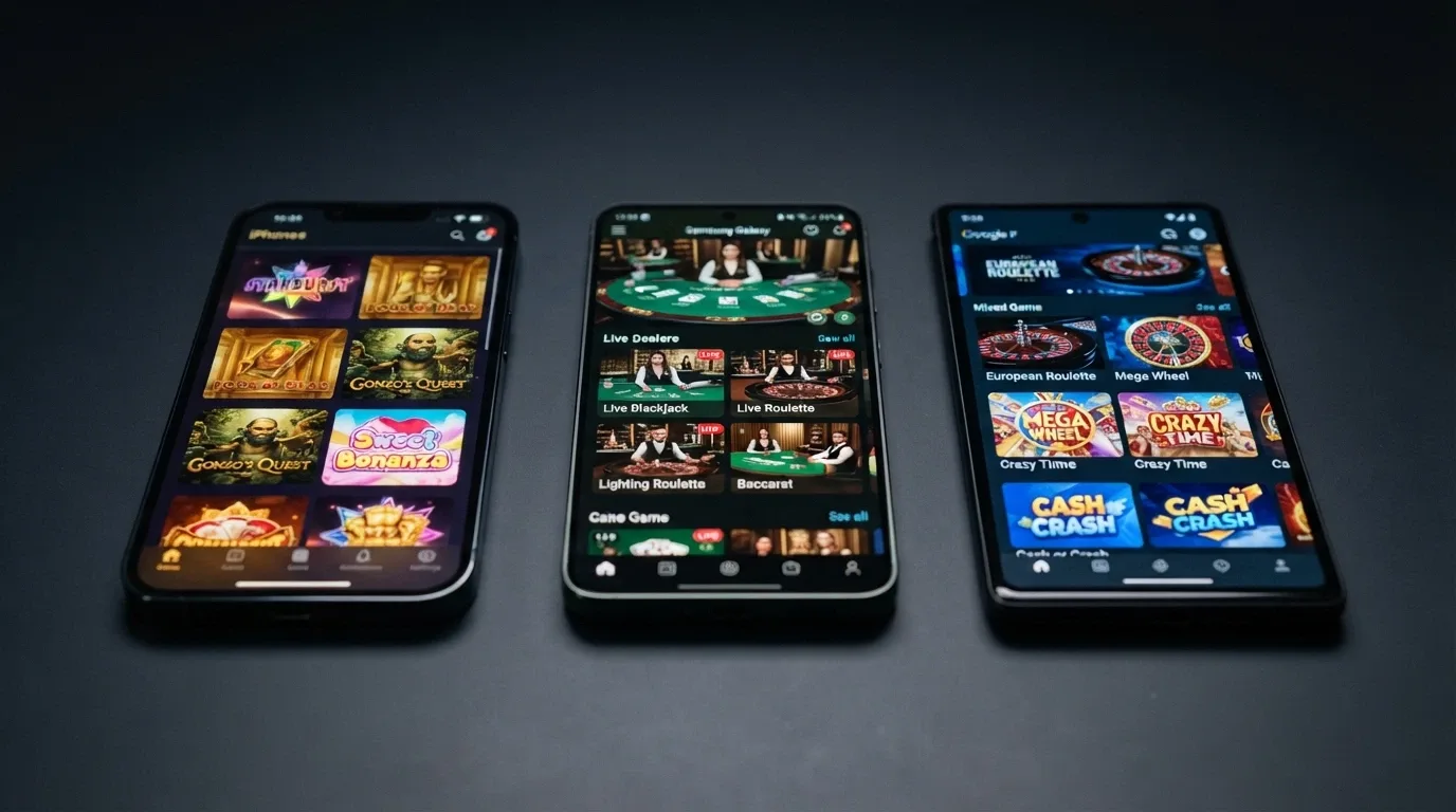 Three smartphone screens placed side by side on a dark surface, each displaying a different offshore casino app's game lobby with distinct colour schemes and layouts
