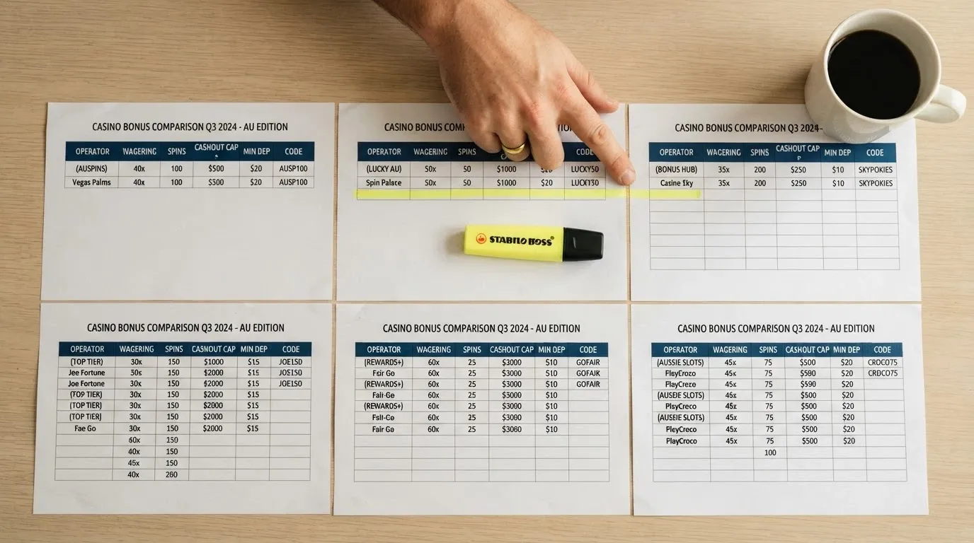 A ranked list of casino operator names on a screen with key bonus terms displayed beside each one in a clean comparison layout