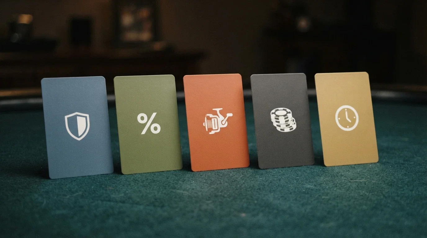 A side-by-side grid of casino brand cards with their licence flags, bonus amounts and wagering multiples shown as simple icons and figures.