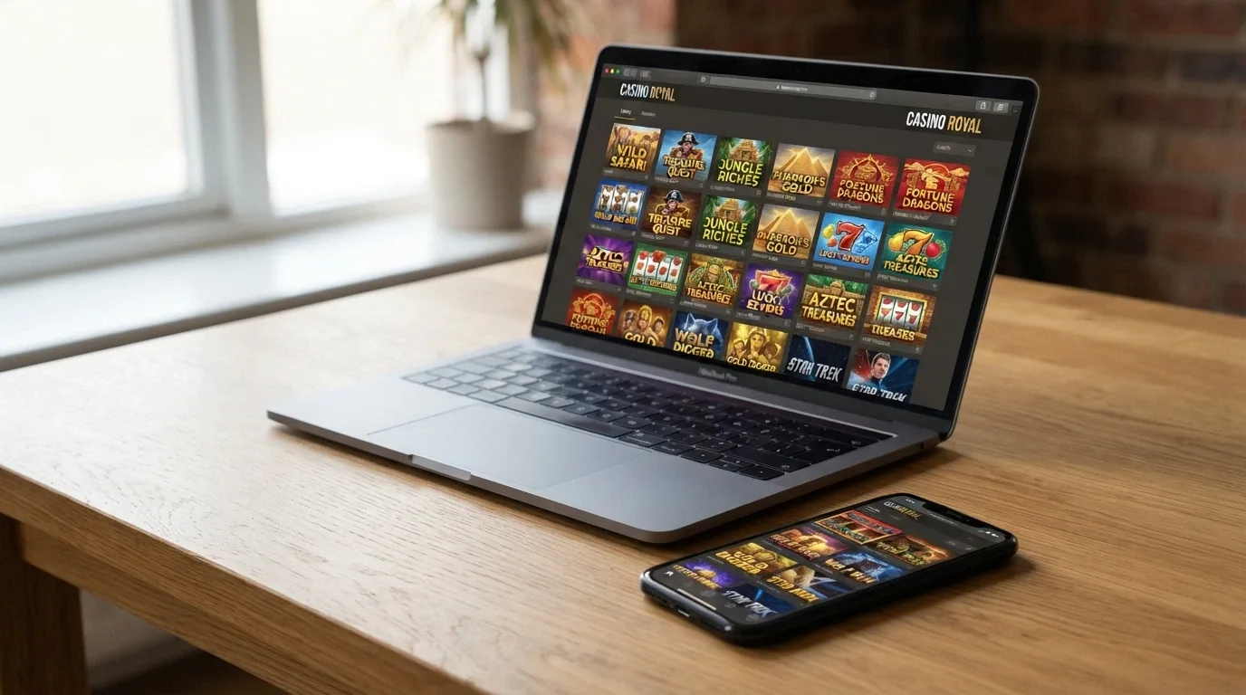 A desktop and mobile screen side by side showing an online casino lobby with Aristocrat-title thumbnails in the grid