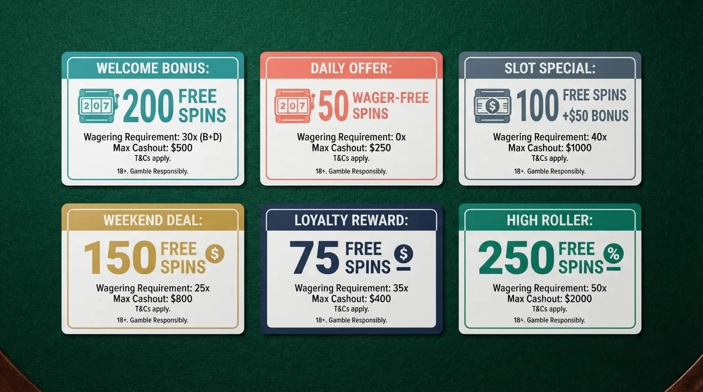 A side-by-side spread of casino-branded offer cards showing different free-spin counts, wagering figures and max cashout amounts