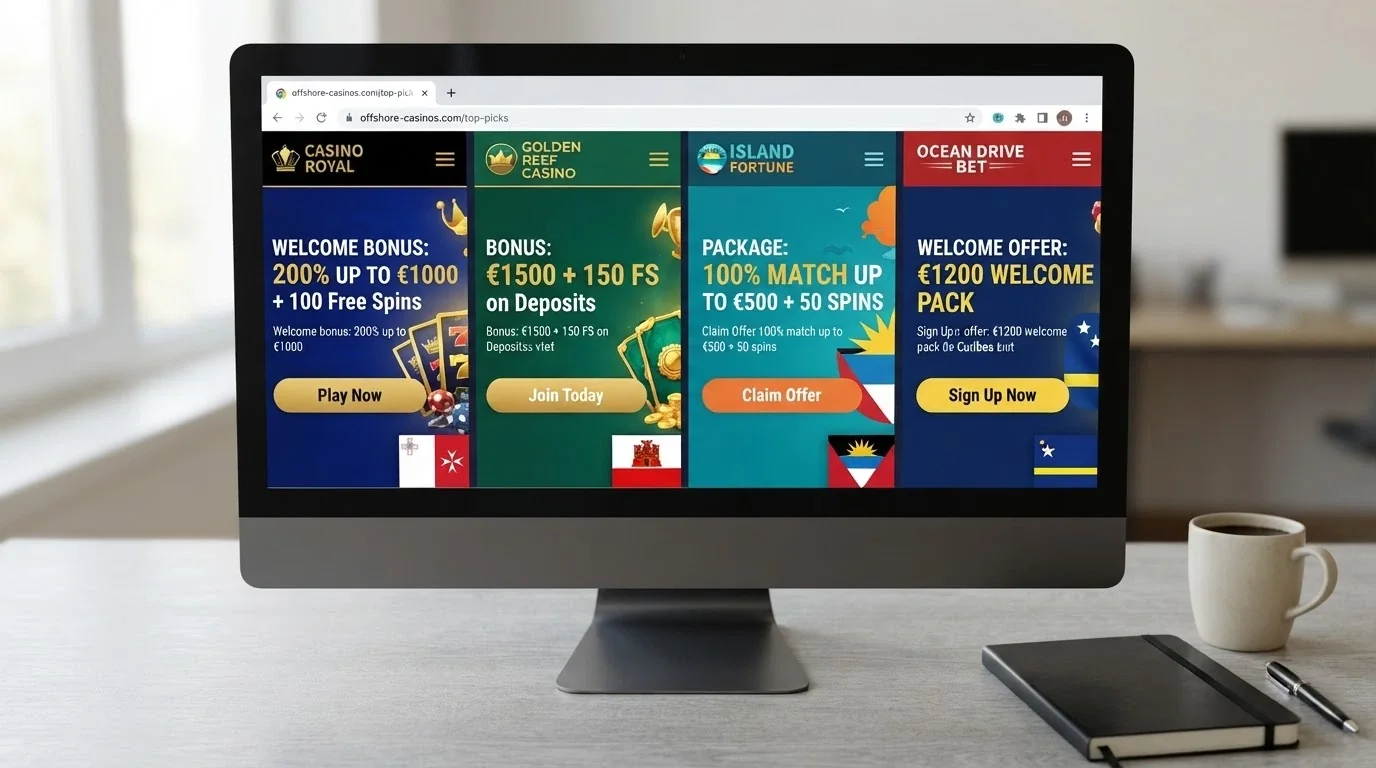 A row of offshore casino landing pages displayed on a desktop browser, each showing a different welcome-bonus banner, with a small Curaçao flag icon overlaid on each