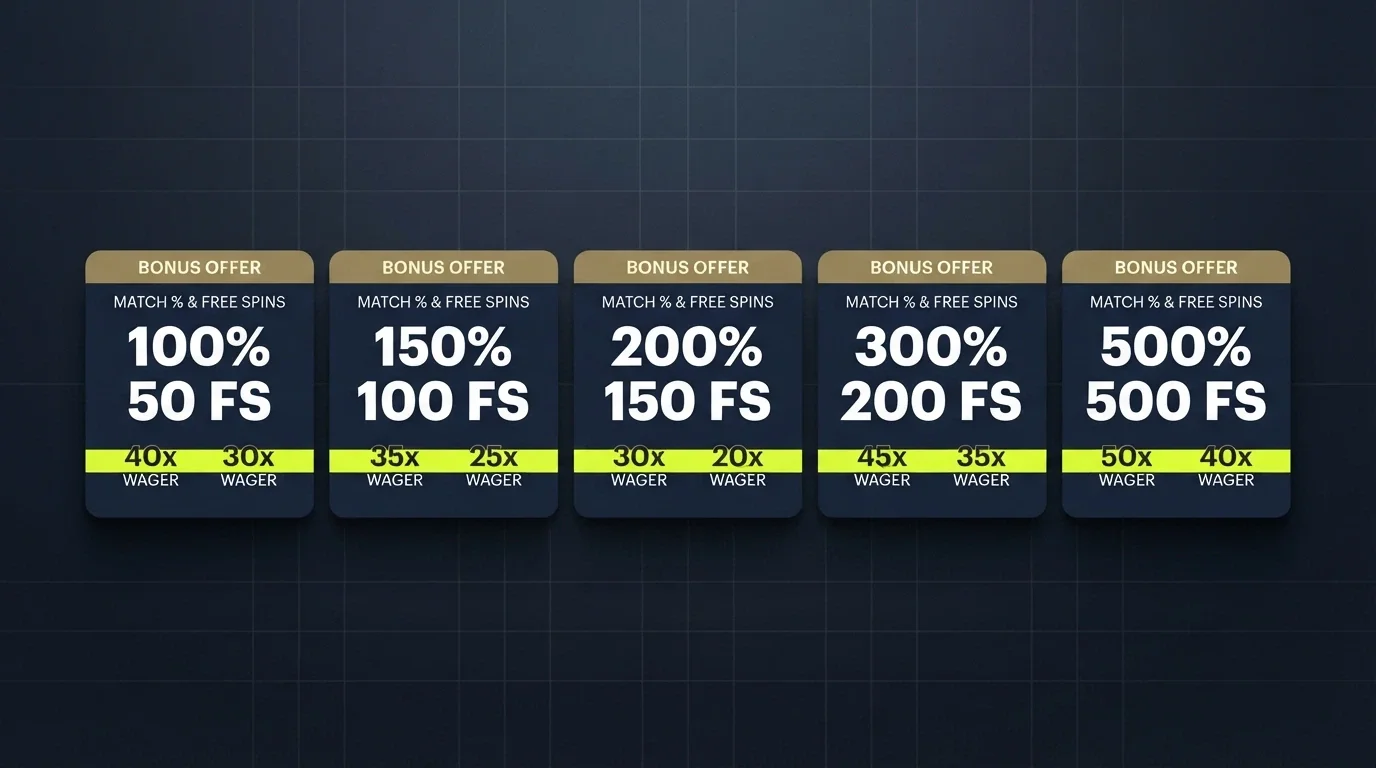 A side-by-side layout of casino bonus cards showing different match percentages, free-spin counts and wagering figures, with a highlighter mark over the wagering row