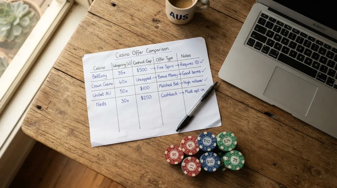 A side-by-side comparison layout of casino cards, each showing a bonus type, wagering figure and cashout cap, arranged as a ranking