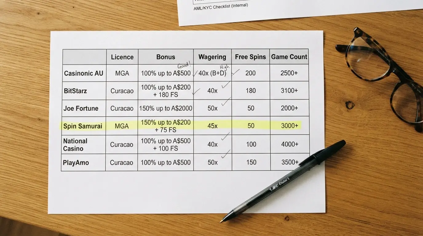 A top-down shot of a comparison spreadsheet or printed chart with casino names, bonus figures and ticks against criteria, a pen resting beside it