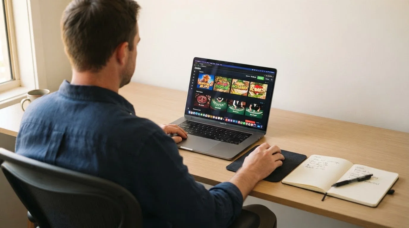 An Australian punter sitting at a desk with a laptop open to a casino lobby, one hand on the mouse, looking at a notepad with a pros-and-cons list
