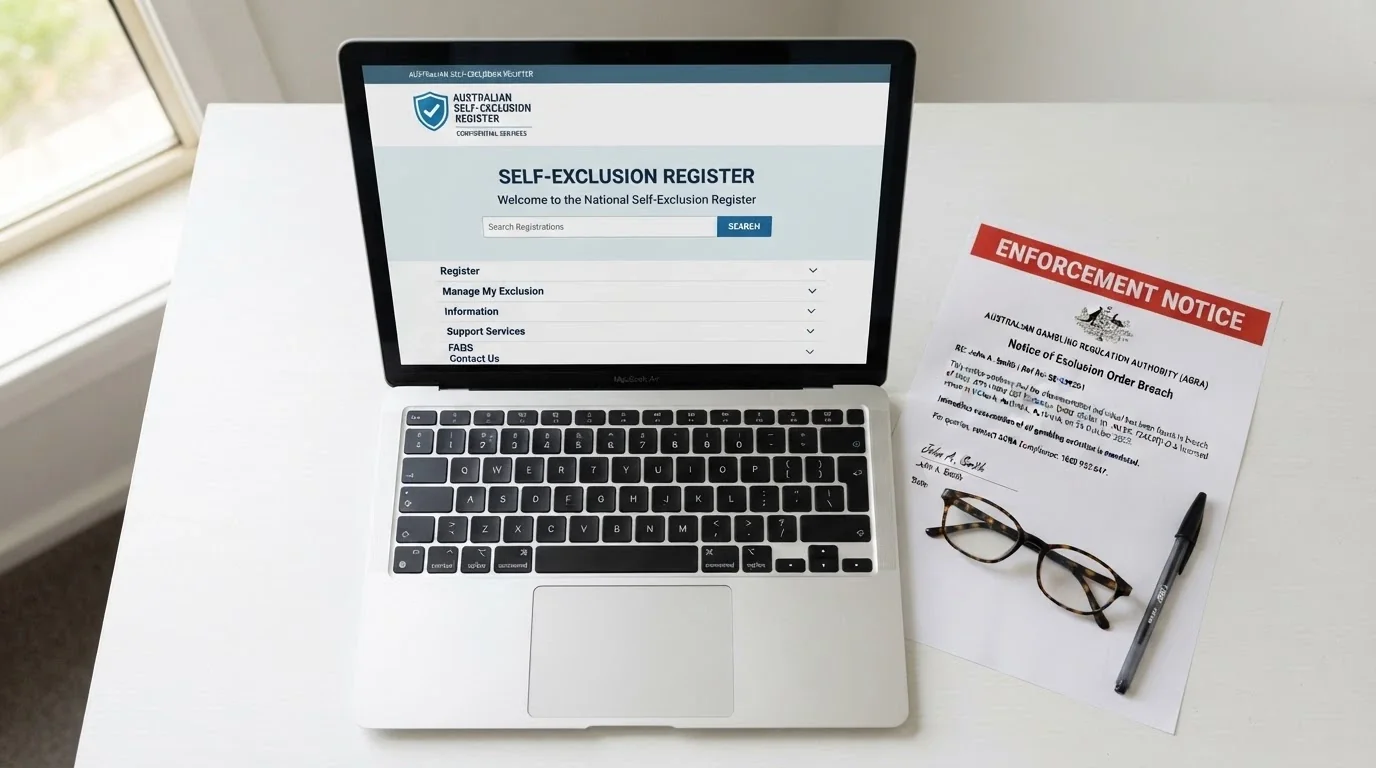 The BetStop.gov.au homepage on a laptop screen beside a printed ACMA enforcement notice