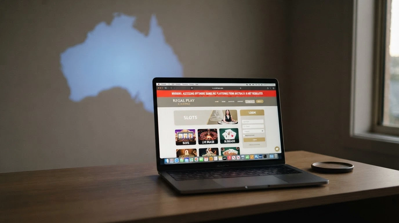 A laptop displaying a casino website with a warning overlay, with an Australian map silhouette visible in the background