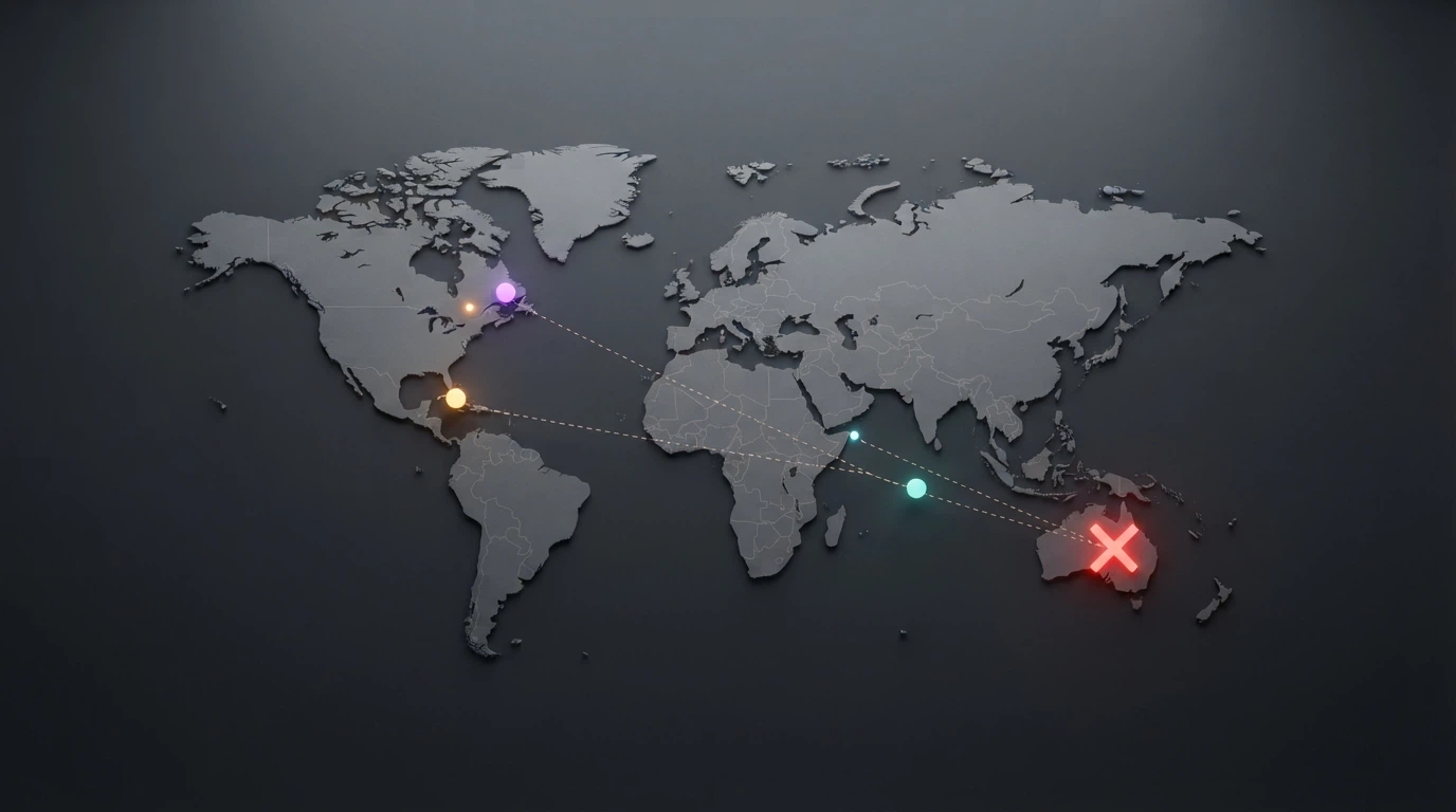 A world map with markers on Curacao, Anjouan and Tobique, connected by dashed lines to Australia, with a red X over Canberra