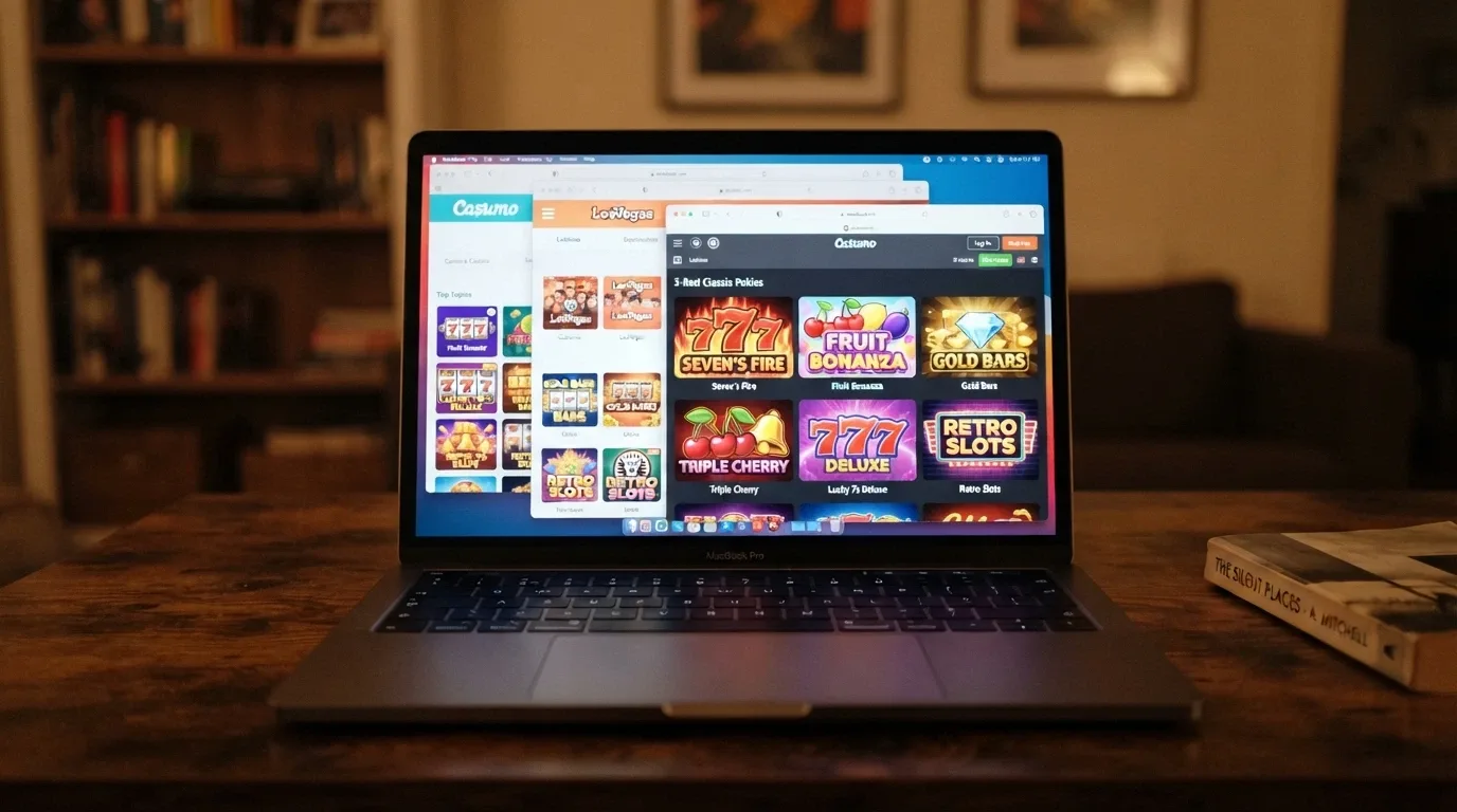 A split-screen view of multiple casino lobby pages showing 3-reel pokie categories