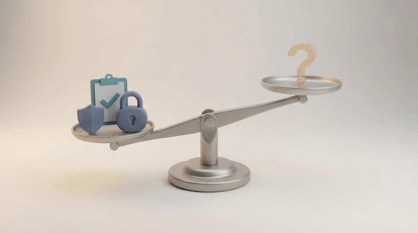A balance-scale graphic with Australian consumer protections — BetStop, ACMA, Australian Consumer Law — weighing heavily on one side, and an empty offshore side marked with a question mark