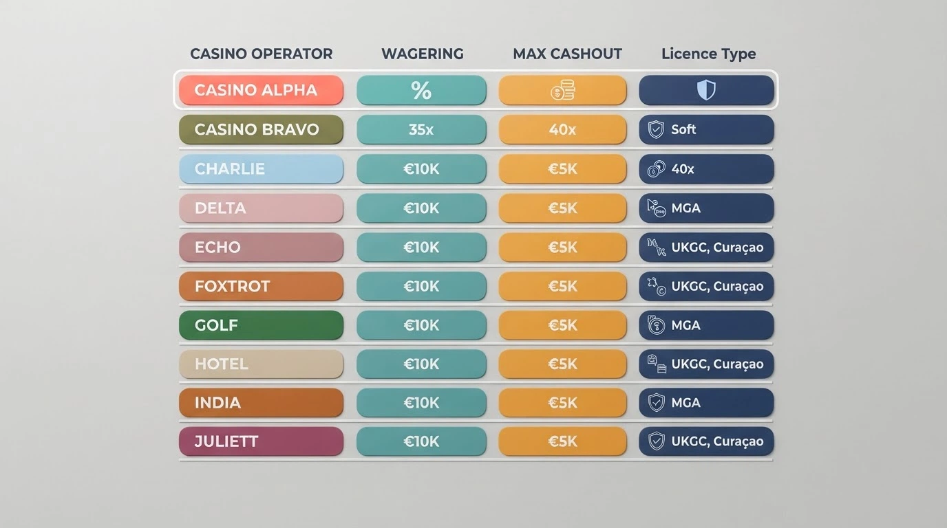 A comparison-table visual with operator names down the left and colour-coded columns for wagering, max cashout and licence type — the top row highlighted in a different shade