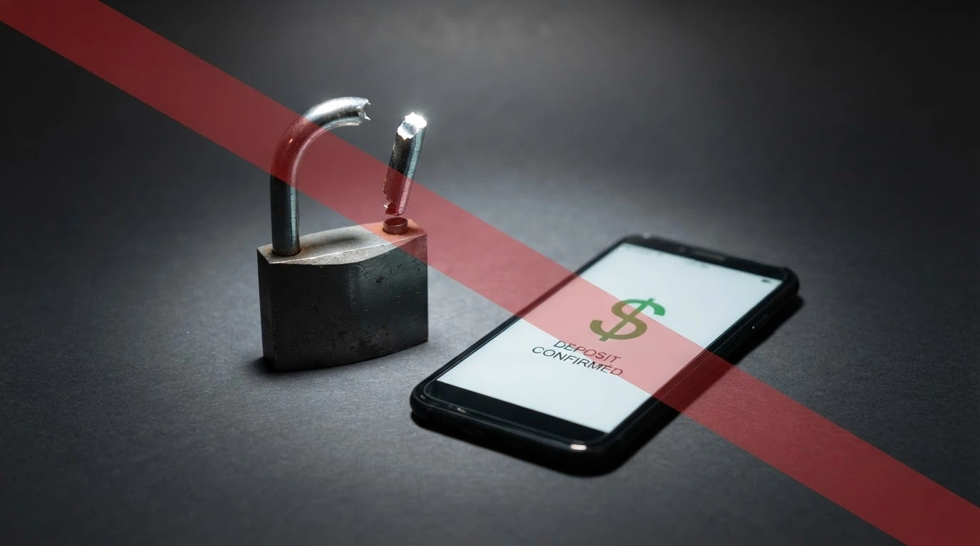 A locked padlock icon with a broken chain link beside a smartphone displaying a casino deposit screen, overlaid with a red prohibition-style warning stripe.