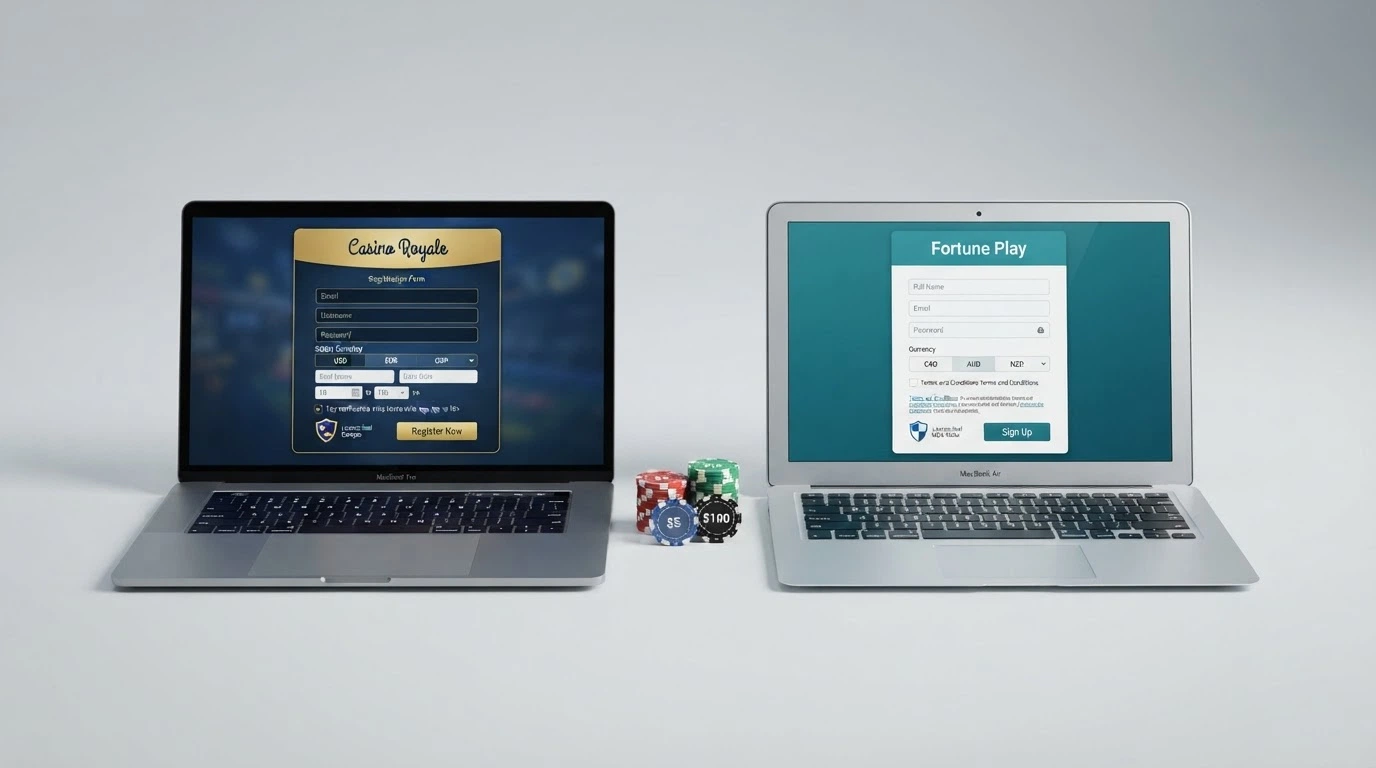 A side-by-side comparison view of casino registration pages showing AUD deposit options and licence seals from different offshore jurisdictions.