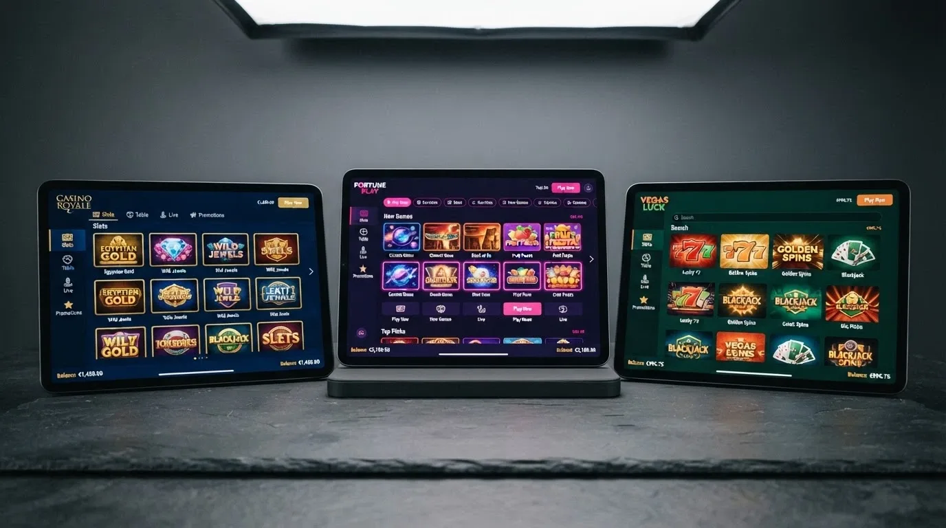 A side-by-side montage of iPad screens showing the lobby pages of several featured offshore casino sites, each displaying a different game library layout