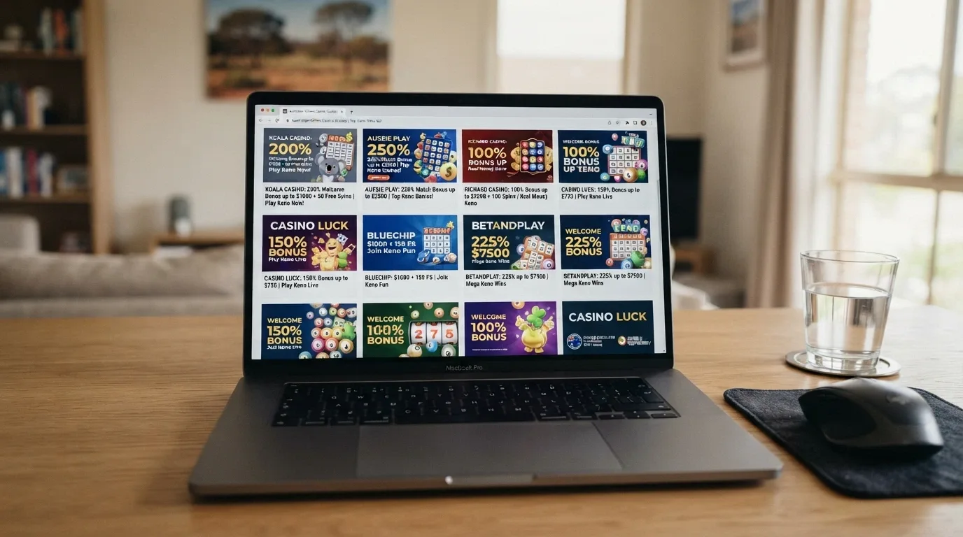 A grid of online casino homepages showing welcome-bonus banners and keno game thumbnails, with a Curaçao licensing logo visible on one of the site footers