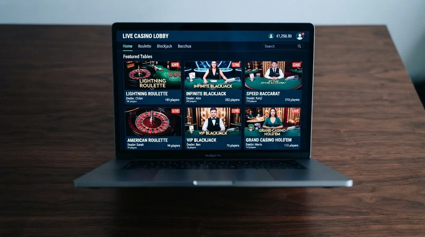 A side-by-side grid of live casino lobby screens from different operators, each showing a live table thumbnail and game count