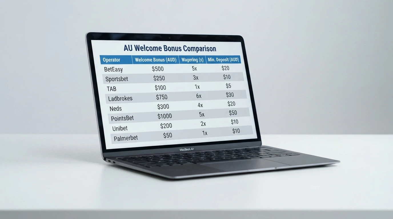 A comparison-table layout on a laptop screen showing operator names, bonus amounts and wagering figures side by side