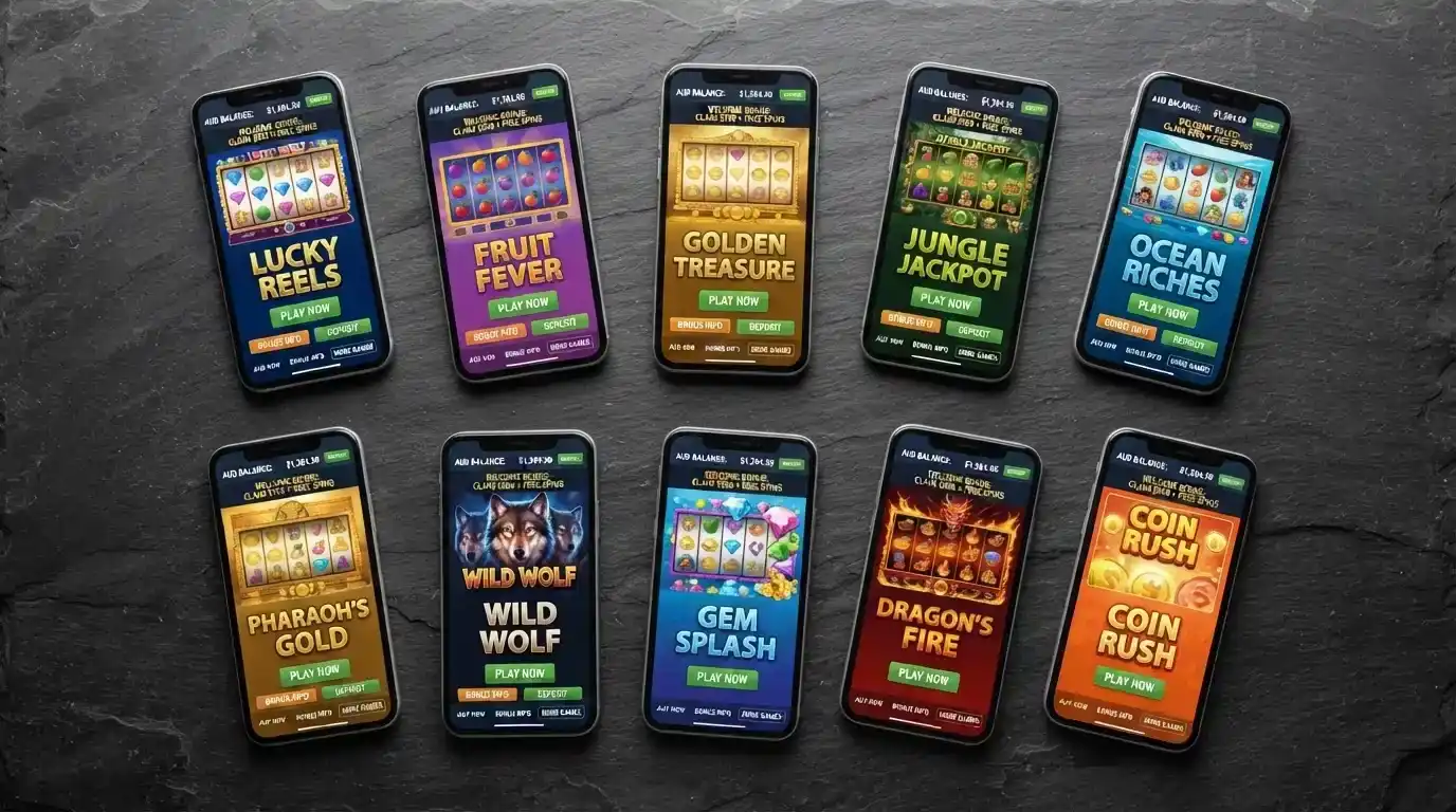 A grid arrangement of ten smartphone screens each displaying a different offshore pokies app lobby in AUD, arranged for visual comparison